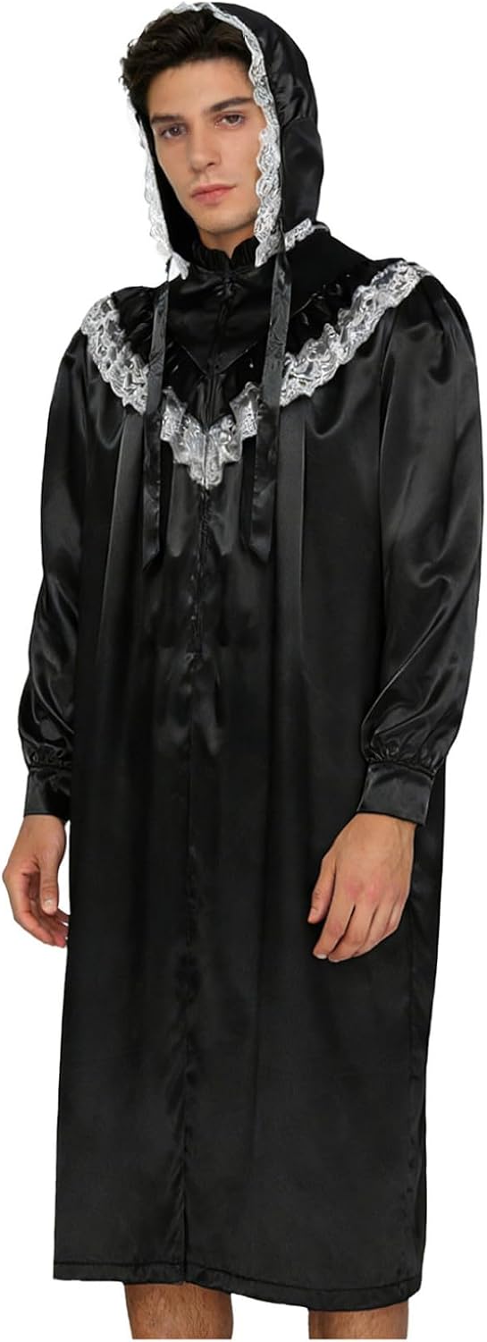 Hularka Mens Ruffled Lace Trim Satiny Nightgowns with Hats Vintage Victorian Long Sleeve Sleepshirt