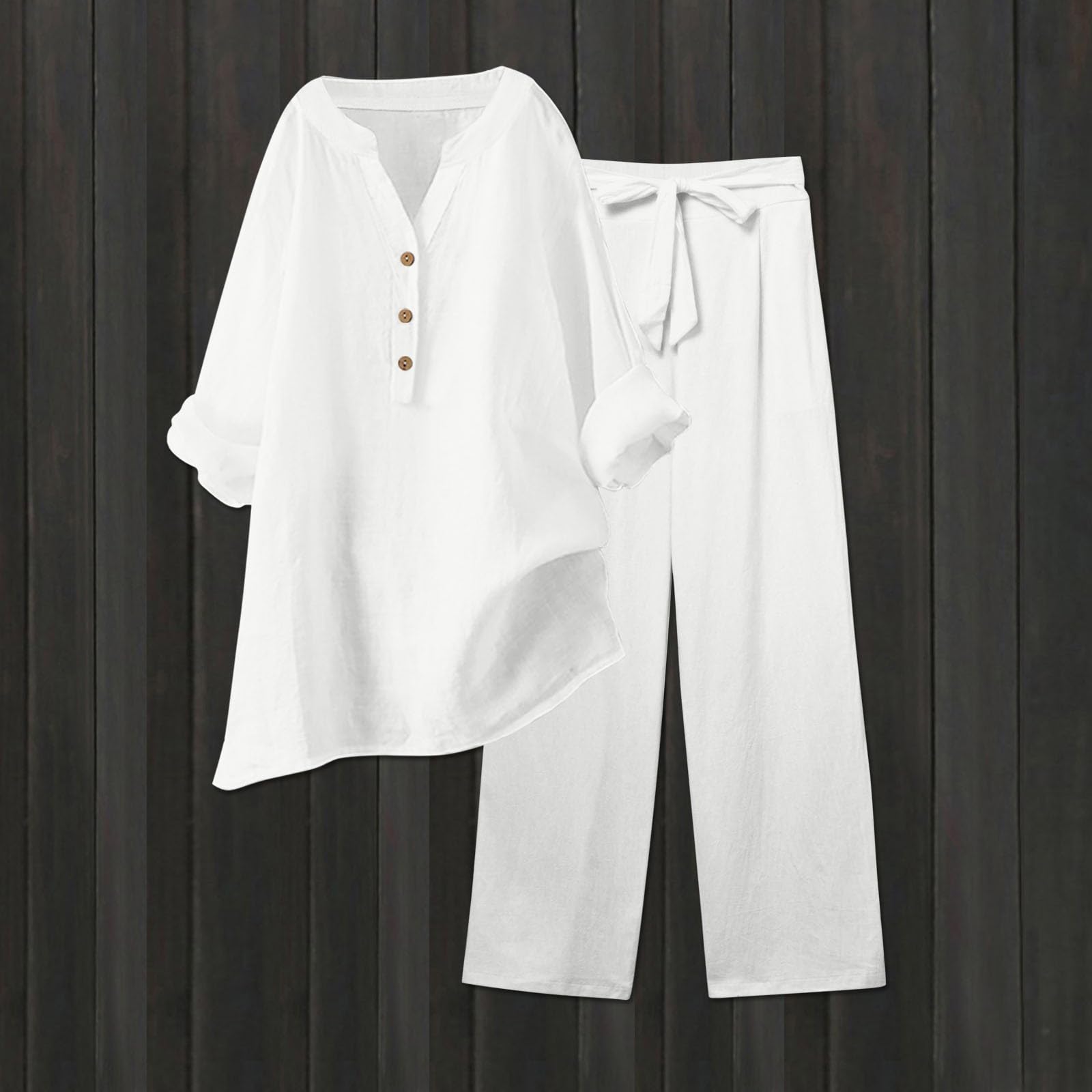 Traje de pantalón para mujer, elegante, 2 piezas, ropa de verano, conjunto de 2 piezas, blusa, camiseta y pantalones largos, traje de ocio, informal, monocolor, traje de lino