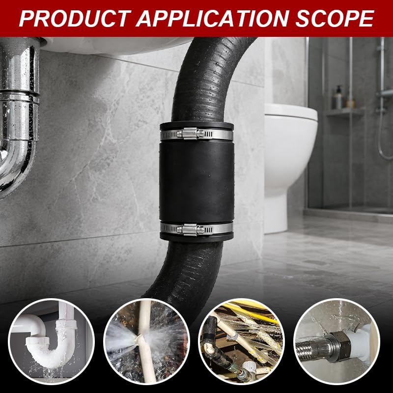 2 Piece Flexible PVC Pipe Joint, Black Rubber Pipe Adapter with Stainless Steel Pipe Clamp, Suitable for Use in Sewage Drainage and Ventilation Pipelines