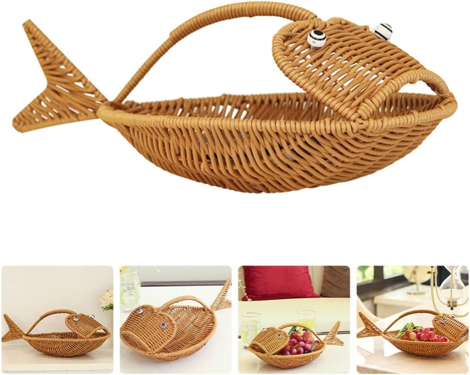Rattan Woven Basket Fruit Bread Serving Baskets Fish Shape Weaving Countertop Vegetable Holder Fruit Bowl Home Decor for Bread Snacks Households Items Storage Light Brown