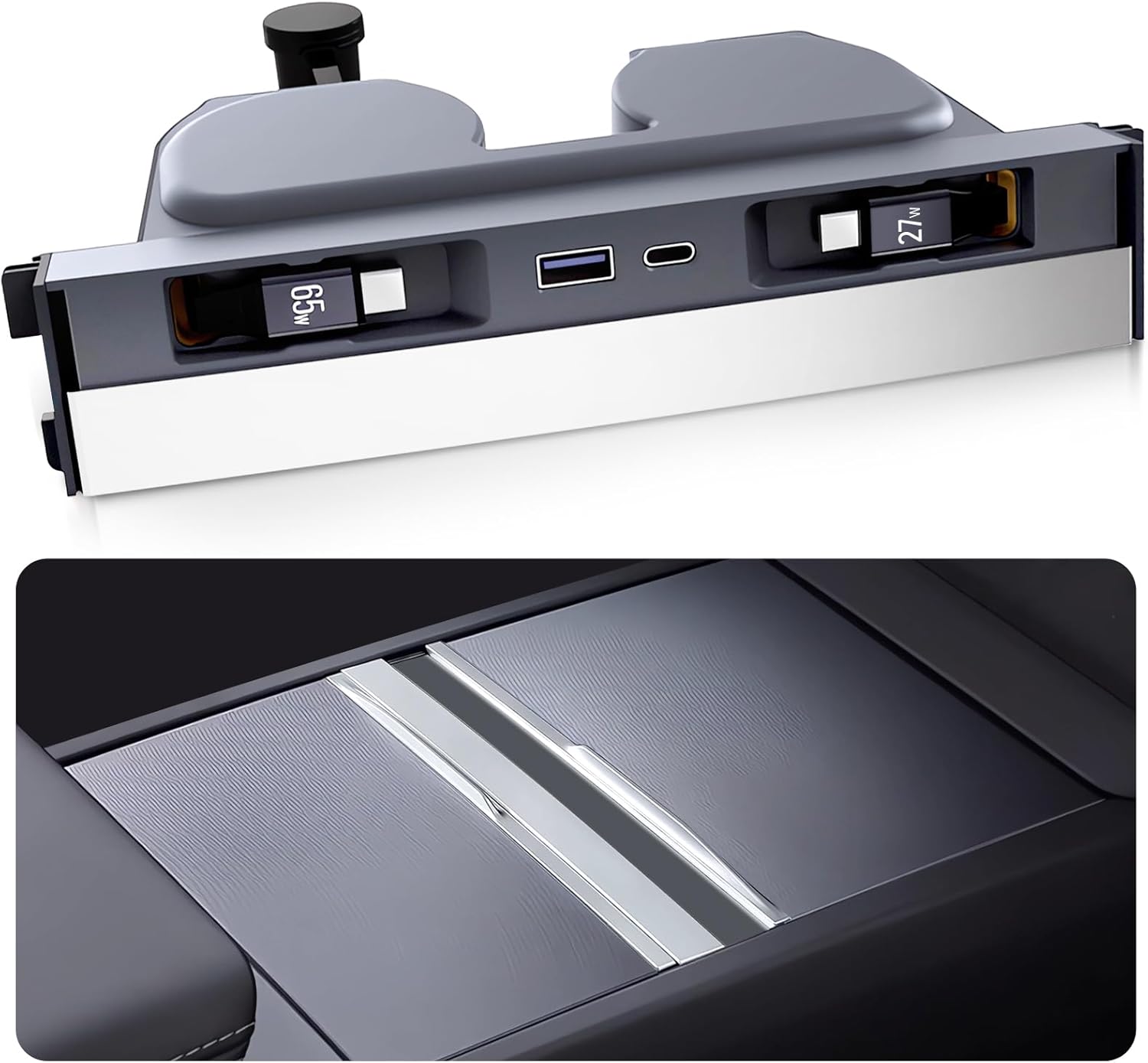 USB Hub for Tesla Model Y Juniper 2025 2026 Model 3 Highland 2024 2025 with Sliding Cover, 119W Dual Type-C Retractable Cables Multi Ports Fast Charger fit Center Console Docking Station