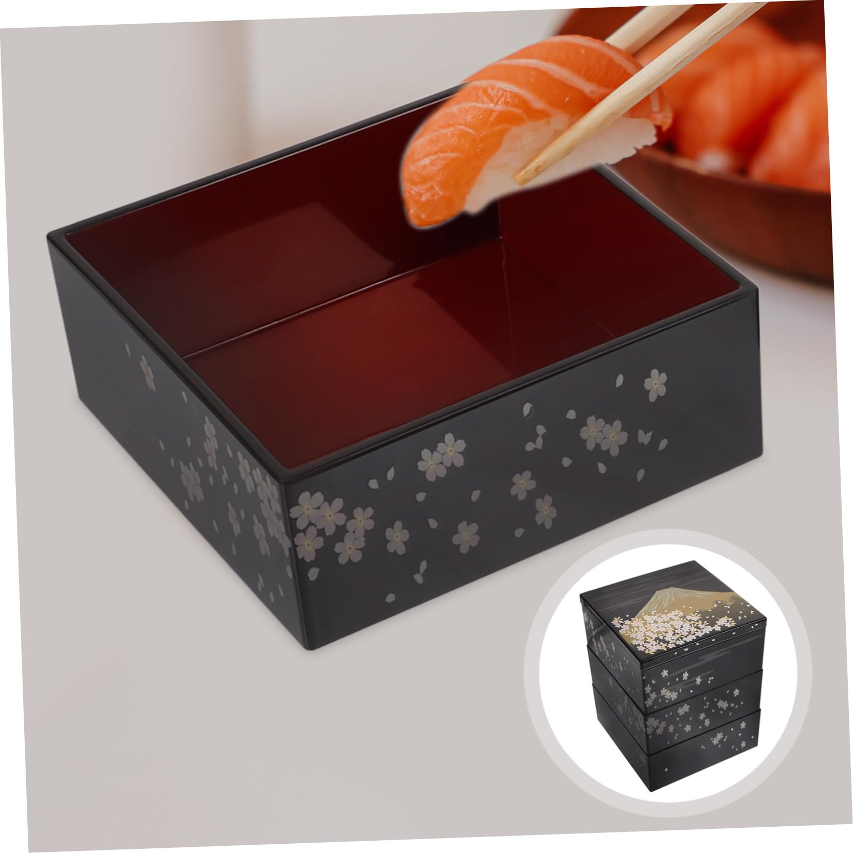 Boîte à Bento Japonaise 3 Couches Motif Mont Fuji, Plastique Noir, Réutilisable pour Sushi et Snacks, pour Repas en Famille
