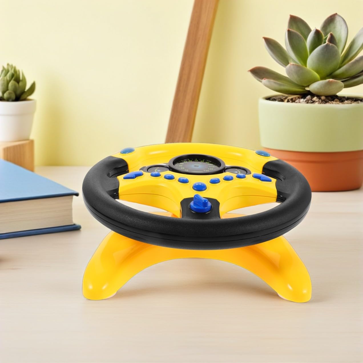 Simulatore di Guida per Bambini con Sterzo in Plastica Giallo, Giocattolo Educativo Interattivo con Luci e Musica per Attività in Famiglia e Gioco di Finzione