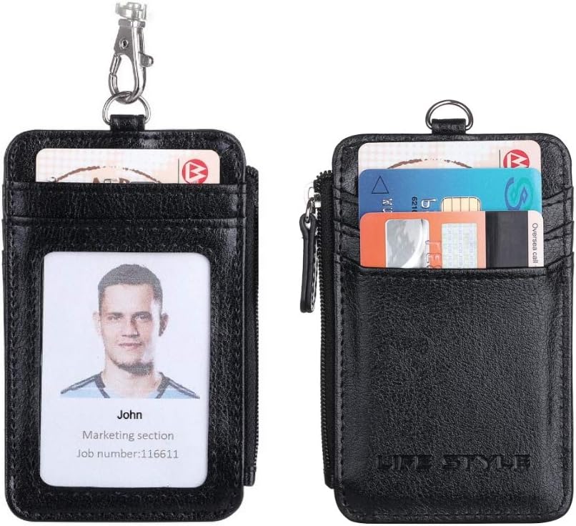 RFID Badge Holder with Zipper | PU Leather ID Badge Card Holder Wallet with 5 Card Slots | RFID Blocking On Both Sides | Detachable 18" Neck Lanyard/Strap for Work ID, School ID, Or Driver's License