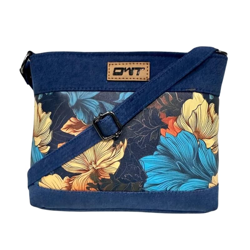 OWT Sling Crossbody Bag for Girls and Women | Made with Durable Denim and Vegan Leather Material | Carefully Handcrafted | Zip Closure | Adjustable Straps | Multicolor handcrafted denim sling bag