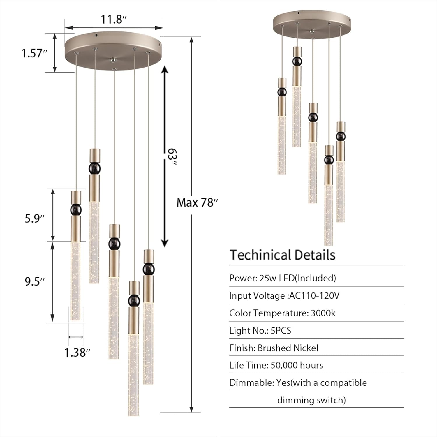 JoollySun 5-Light Cluster Pendant Lighting: Crystal Chandelier with Dimmable LED for Kitchen Island Dining Room - Brushed Nickel