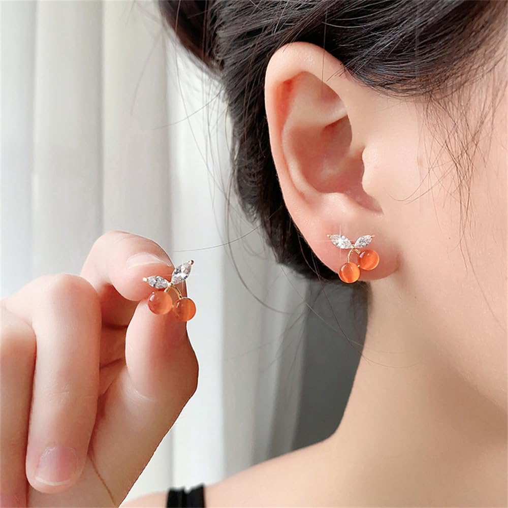 Dainty Cherry Cat's Eye Stud Earrings for Women 925 Sterling Silver Post Pin Hypoallergenic Crystal Leaf Small Cartilage Studs Cute Fruit Jewelry - Image 2