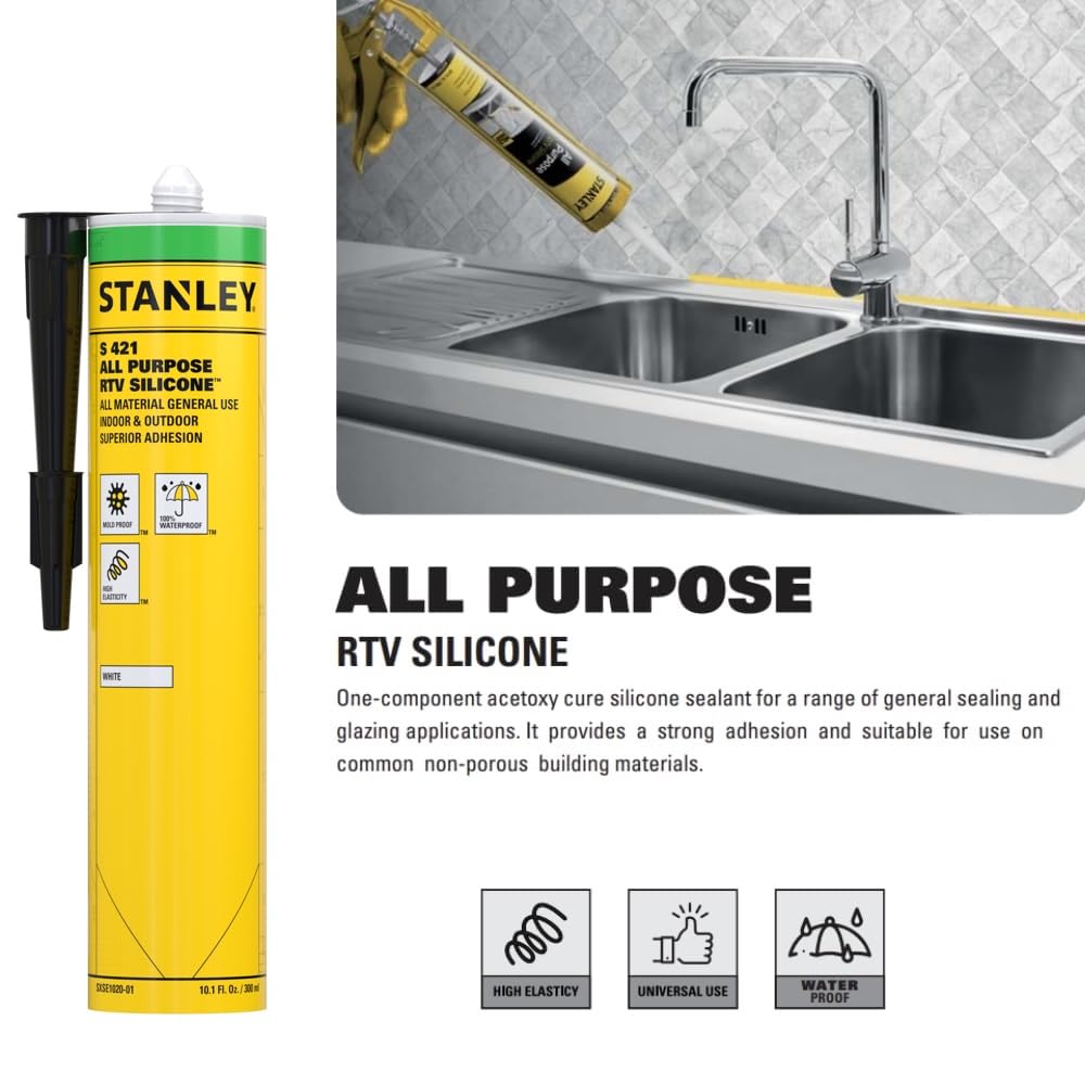 Stanley S 421 All Purpose RTV Silicone Sealant - 12x10.1 fl. oz. White, Window and Door Caulk,%100 Silicone Waterproof and Flexible Sealar for Kitchen & Bathroom, Cartridge, White, 12 Pack