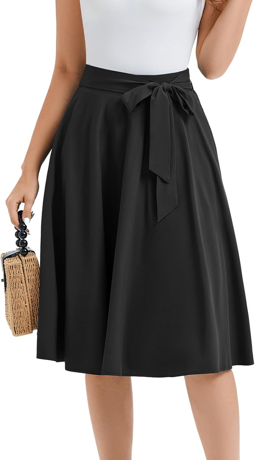 Bbonlinedress Womens Vintage Summer Casual A-line Midi Skirt Elastic Wide Waist Flared Skirt with Belt - Image 6