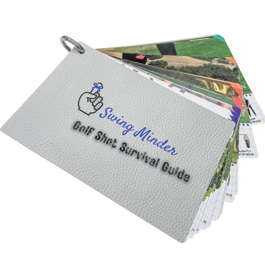 Swing Minder Golf Reference Cards - Step-by-Step Instructions for 33 of Golf's Hardest Shots - Ideal Golf Gifts for Men or Golf Bag Accessories - Waterproof PVC and Sturdy Carabiner for Easy Use