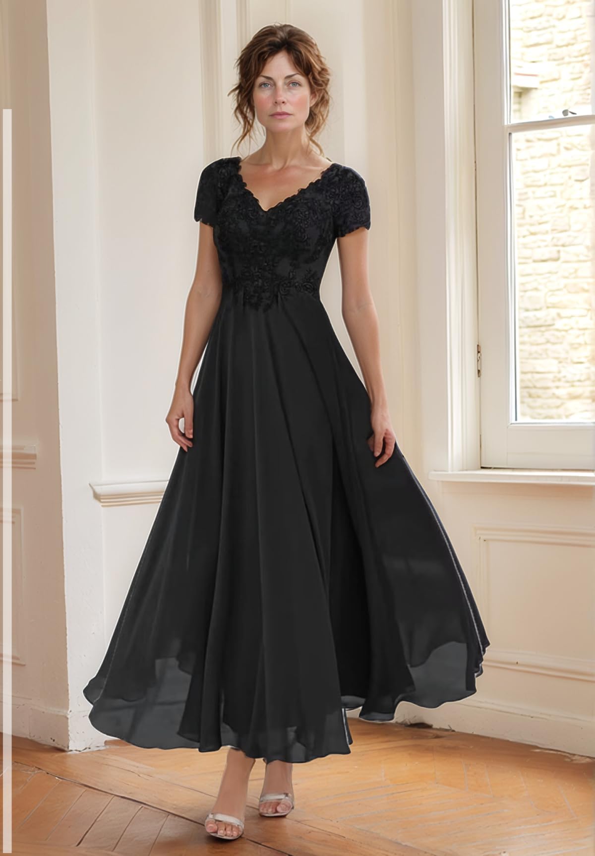 Brautmutterkleider aus Chiffon mit Spitze, Ärmeln und Teelänge, formelles Abendkleid für Damen zur Hochzeit