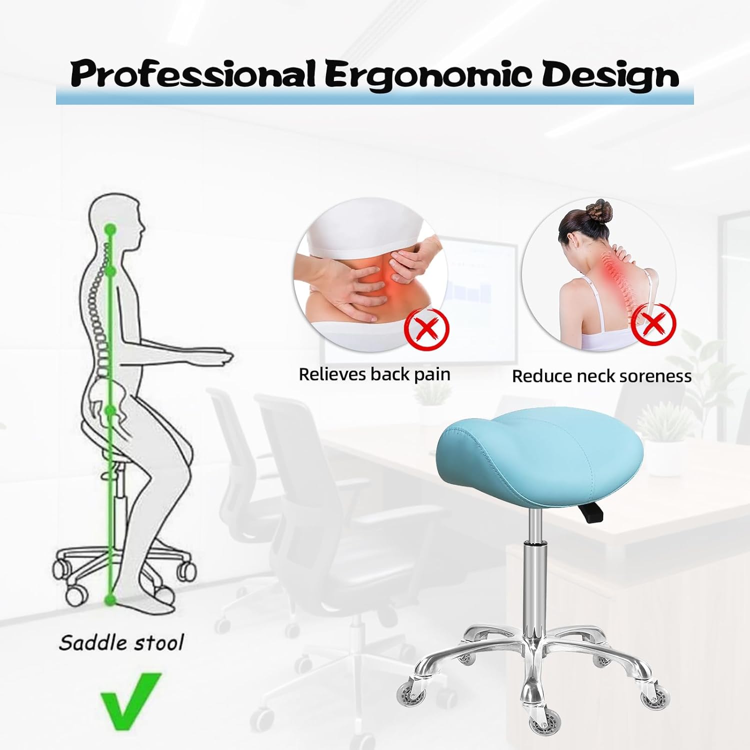 Saddle Stool Rolling Ergonomic Swivel Chair for Esthetician Massage Clinic Kitchen Tattoo Salon Cutting,Adjustable Hydraulic Posture Stool with Wheels (Without Backrest, Cyan) - Image 4