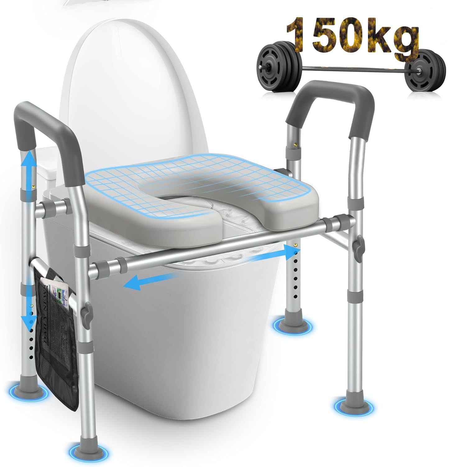 Rialzo wc per anziani, Sedile rialzato per wc con maniglie, Regolabile in altezza e larghezza, Alzawater per protesi anca, Capacità di 160 kg