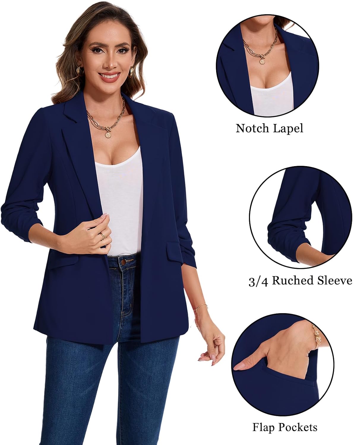 Women's Blazer for Business Casual 3/4 Ruched Sleeve Open Front Jackets Notch Lapel Blazers Pocket