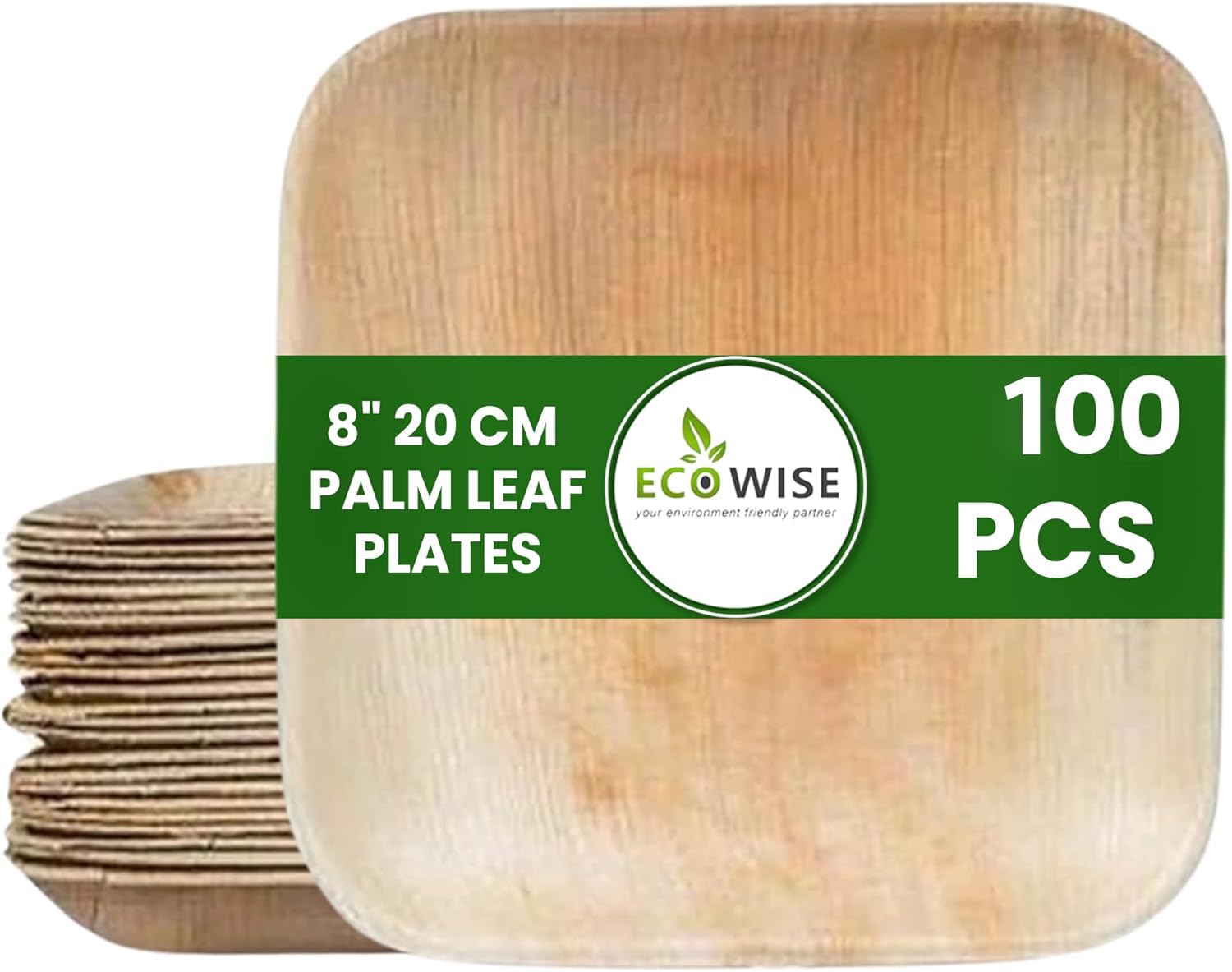 EcoWise 100 Palm Leaf Plates 8 Inch Square – Eco-Friendly Biodegradable Compostable Bamboo Plates, Disposable Dinner Party Plates for Hot & Cold Food, Picnic, Wedding & Events