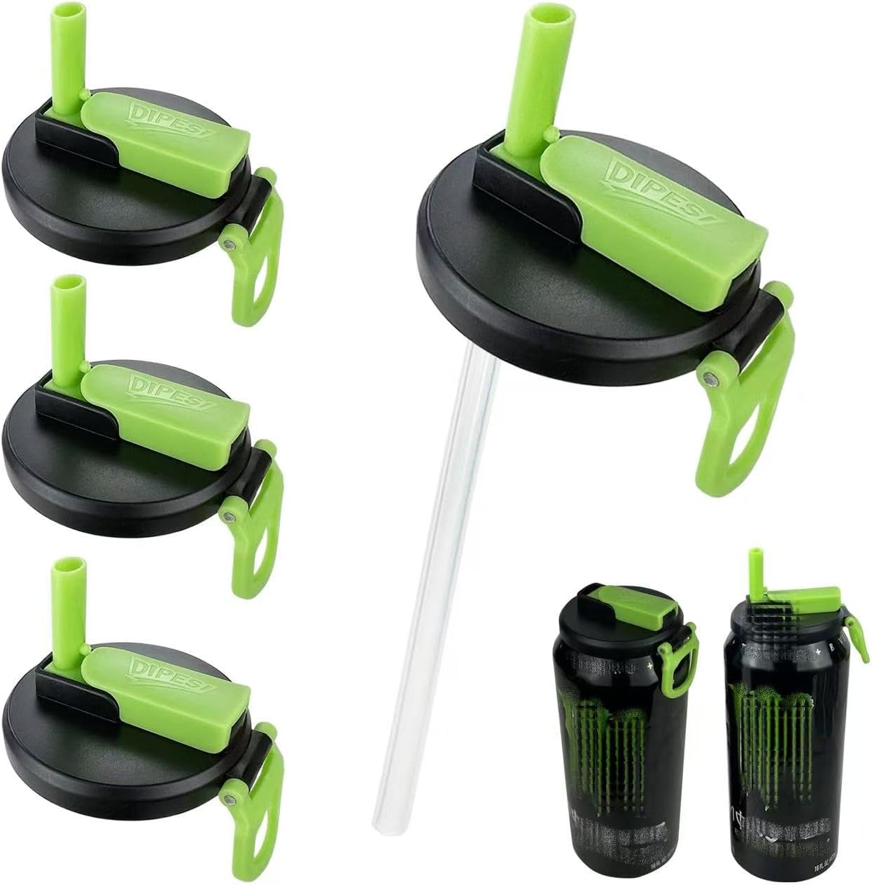 DIPESI 4 Pack Soda Can Lids with Straws,Inspired by Energy Drink Can Colors – Fits fit Standard 12oz/16oz Cans