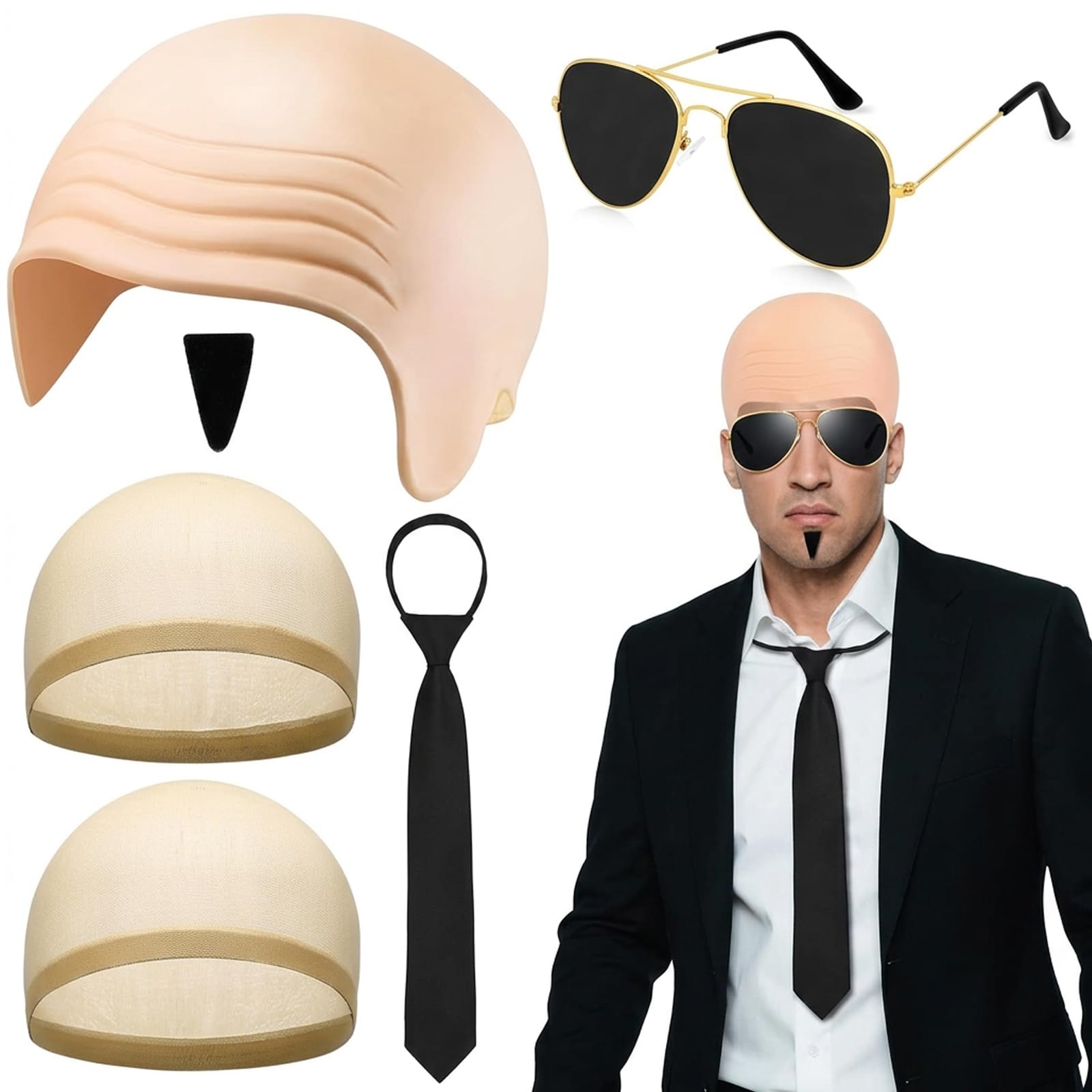 6Pcs Bald Cap Set for Adult, Bald Head Skull Wig Cap Bald Skin Thick Latex Bald Cover with Sunglasses Tie Beard Stickers Cosplay Hat Costume Accessory for Makeup Party Halloween Cosplay Masquerade