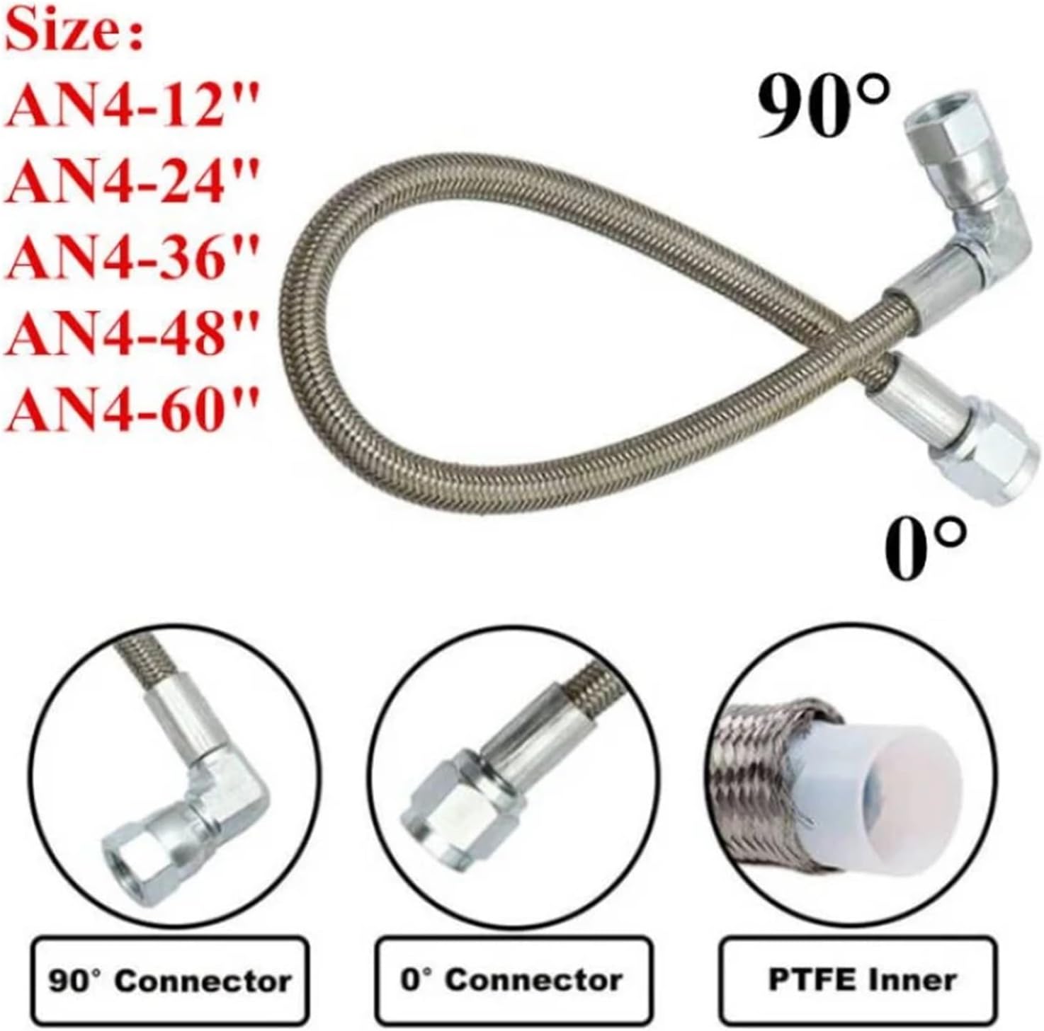 12" 24" 36" 48" 60" Turbo Oil Feed Line Universal AN4 90 Degree x Straight PTFE Stainless Steel Braided Turbine Oil Feed Pipe(AN4 24 inch)