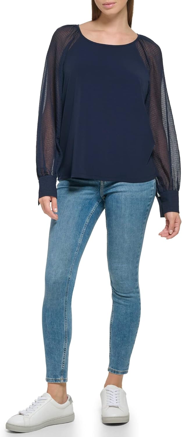 Calvin Klein Women's Everyday Matte Jersey Text Sleeve Button Cuff Blouse