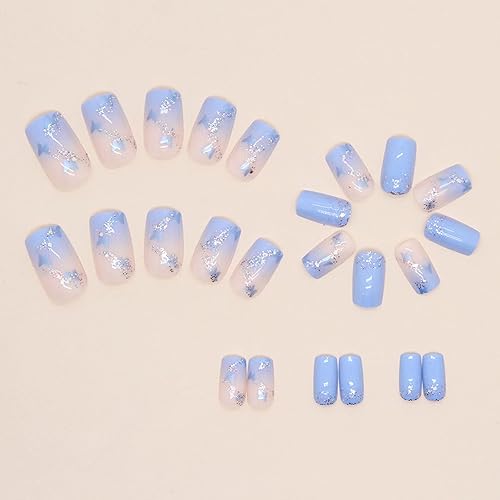 Miniatura 4 de MISUD Uñas postizas cuadradas cortas a presión Squoval, uñas postizas brillantes con pegamento, uñas acrílicas degradadas azules, uñas artificiales