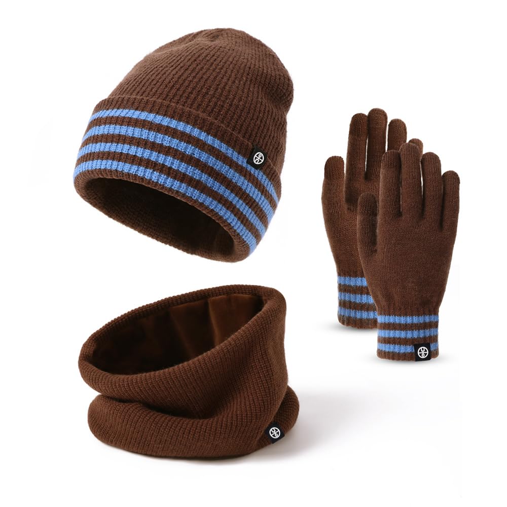 Baynetin Zestaw zimowy 3 w 1 beanie, czapka, szalik, termiczna czapka z dzianiny z krawędzią kopertową + szal polarowy i rękawiczki do obsługi ekranów dotykowych, rozciągliwy, wiatroszczelny zestaw na