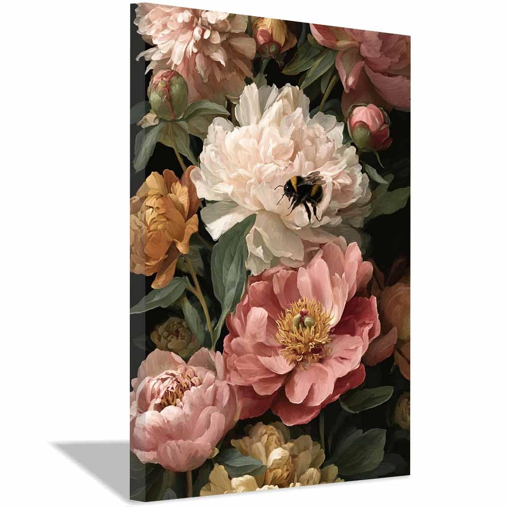 Hoqiu Multicolor Flowers Wall Canvas Peony Bee Wall Decor Artwork, Wall Decoration Living Room Bedroom Hallway Stairs Decoration.(Multicolor)-30X40cm Framed