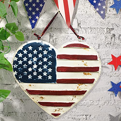Picfarce Metal Us Flag Sign, 10" Rustic Heart Flag Distressed American Flag Love Heart Shape Wall Hanging Decor Art With Plaid Gingham Ribbon Hanger, Embossed Usa Flag Gift For Home Office Coffee Bar #TOP5