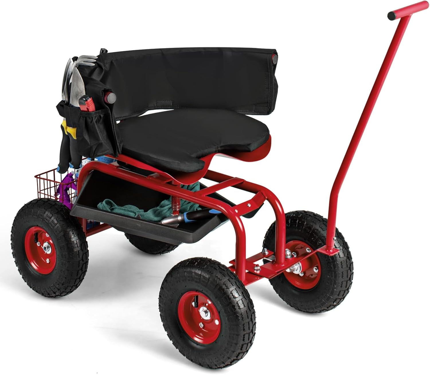 IRONMAX Garden Cart with Seat, Gardening Rolling Stool Scooter w/ 10’’ All-Terrain Wheels, Replaceable Handle & Removable Cushion for Planting, Outdoor Gardening Work Seat for Patio, Yard (Red)
