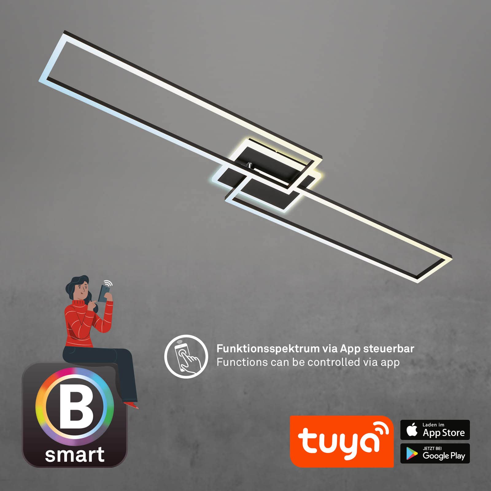 BRILONER - LED Deckenlampe Smart Home, funktioniert mit Alexa, Fernbedienung, LED Lampe, Deckenleuchte, Wohnzimmerlampe, Schlafzimmerlampe, Deckenbeleuchtung, 110x24,8x7,8 cm, Schwarz