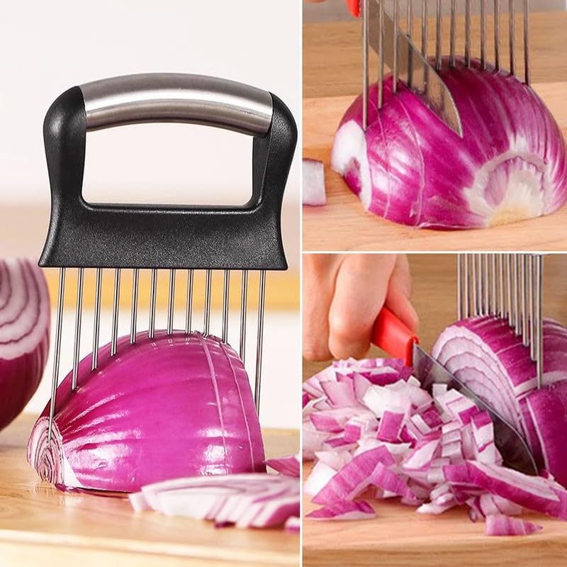 Onion Holder for Slicing, Stainless Steel Slicer Onion Cutter for Slicing, Vegetable Cutter for Potato and Tomato, Lemon Avocados, Eggs, Food Slicer Assistant Tool (1 PCS)