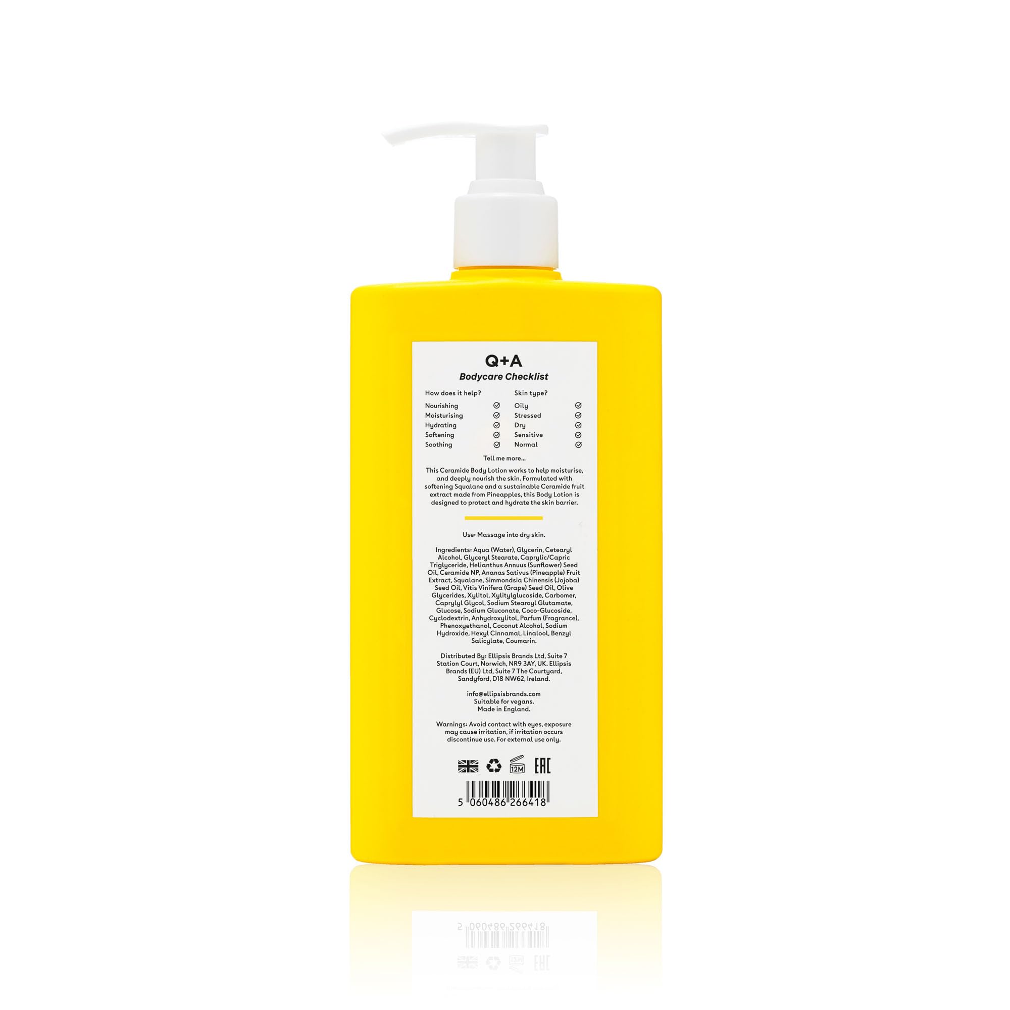 Q+A Ceramid Body Lotion: A nourishing body lotion with squalane, pineapple ceramides, and a protective sugar complex. Provides deep hydration like body butter. 250 ml