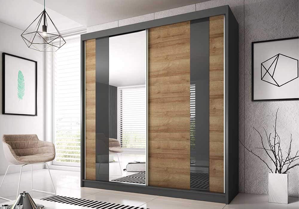 Checo Ltd MODERN SLIDING DOOR WARDROBE 203cm(7ft) wide SONOMA OAK FRONT AND GRAPHITE SIDES