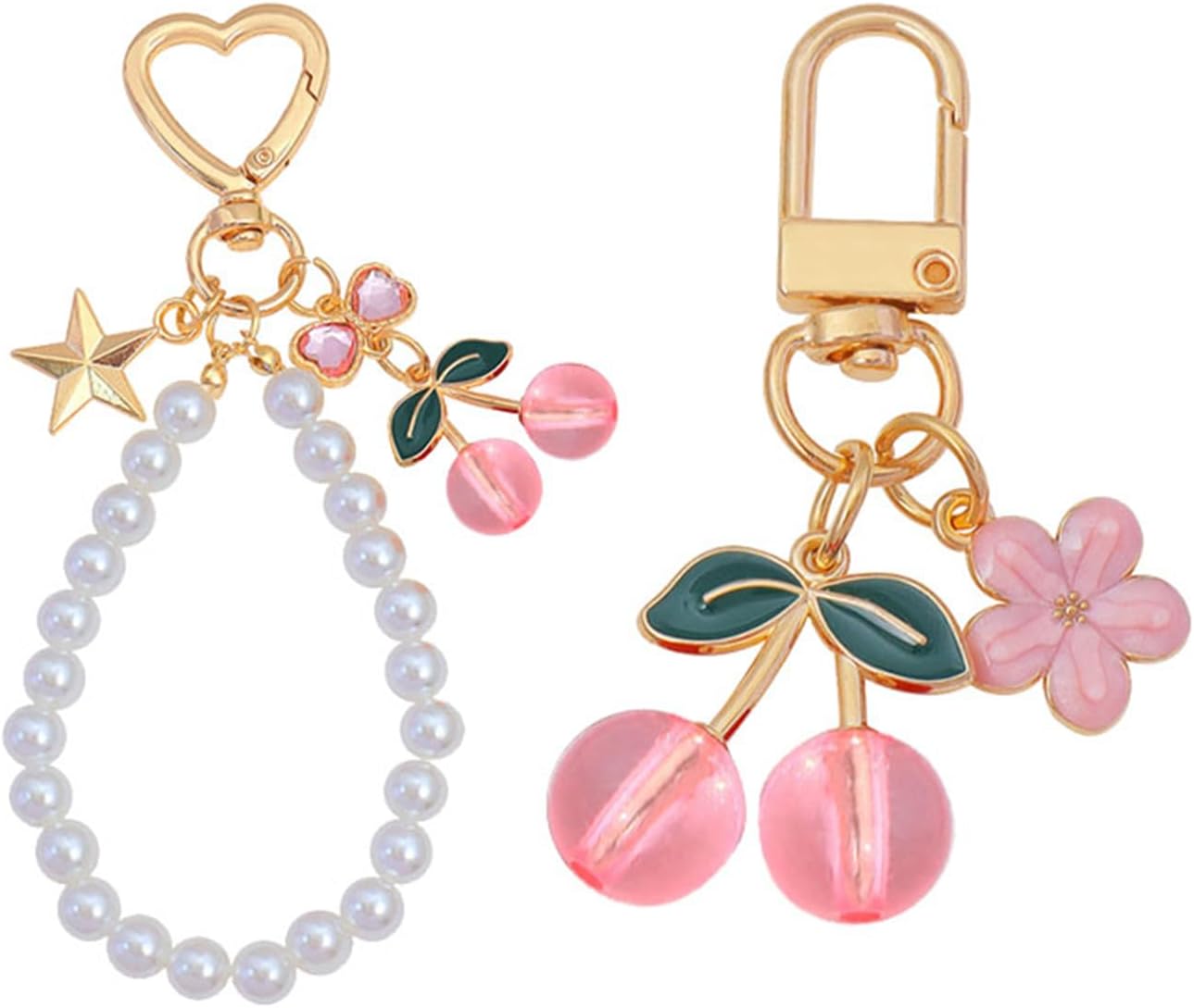 Dreuyet 2Pcs Cherry Bag Charms Keychains with Flower Blossom Pearl Car Purse KeyChain Accessories Gifts