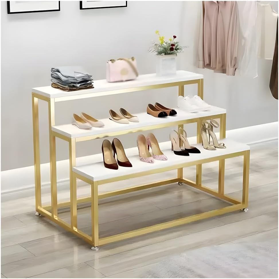 Modern Standing Display Riser Shelf, Metal Shoe Handbag Countertop Display Stand, Stepped Clothing Store Display Stand, for Retail Stores Home Hotel(Gold,80x48x60 cm/31x19x24 in)