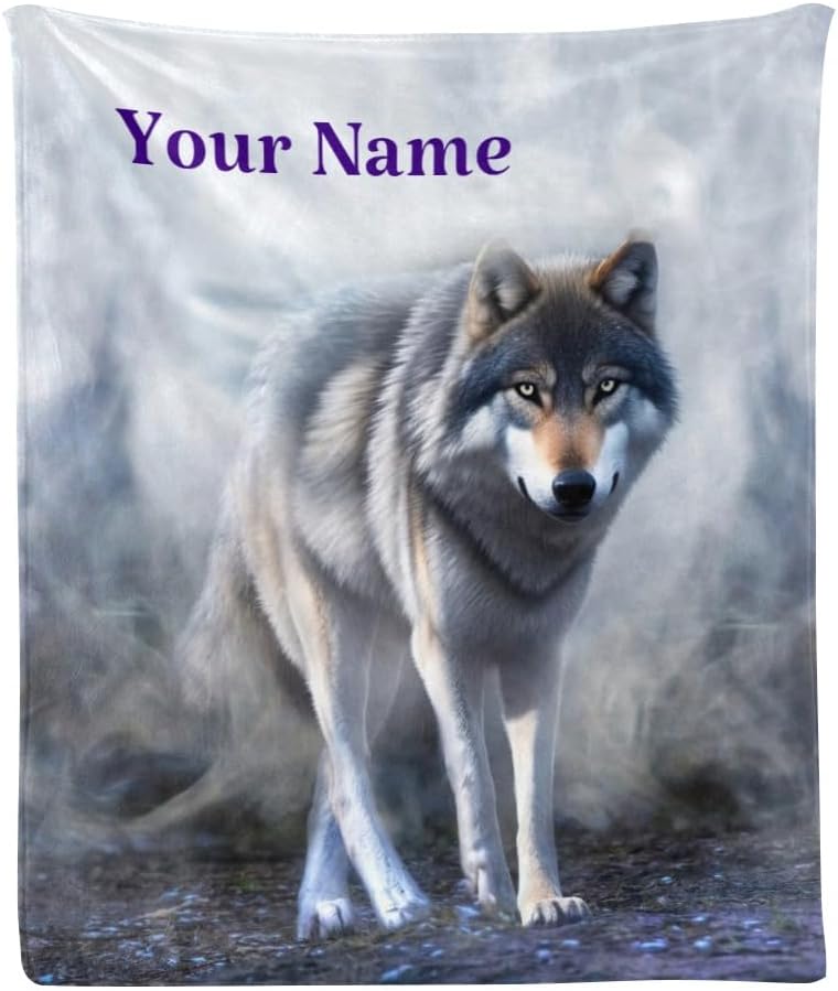 Custom Throw Blanket with Your Name Text,Personalized Animal Wolf Super Soft Fleece Blanket for Couch Sofa Bed (50 X 60 inches)