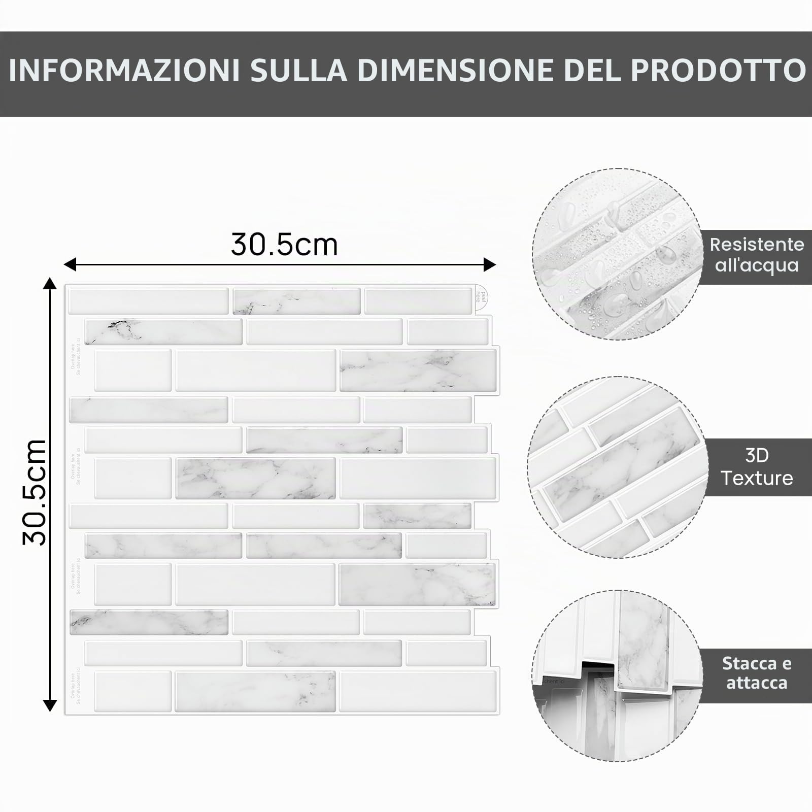 10-Foglie Marmo Piastrelle Adesive 3D Mattonelle Adesive per Muro Cucina Bagno (30.5 x 30.5cm)