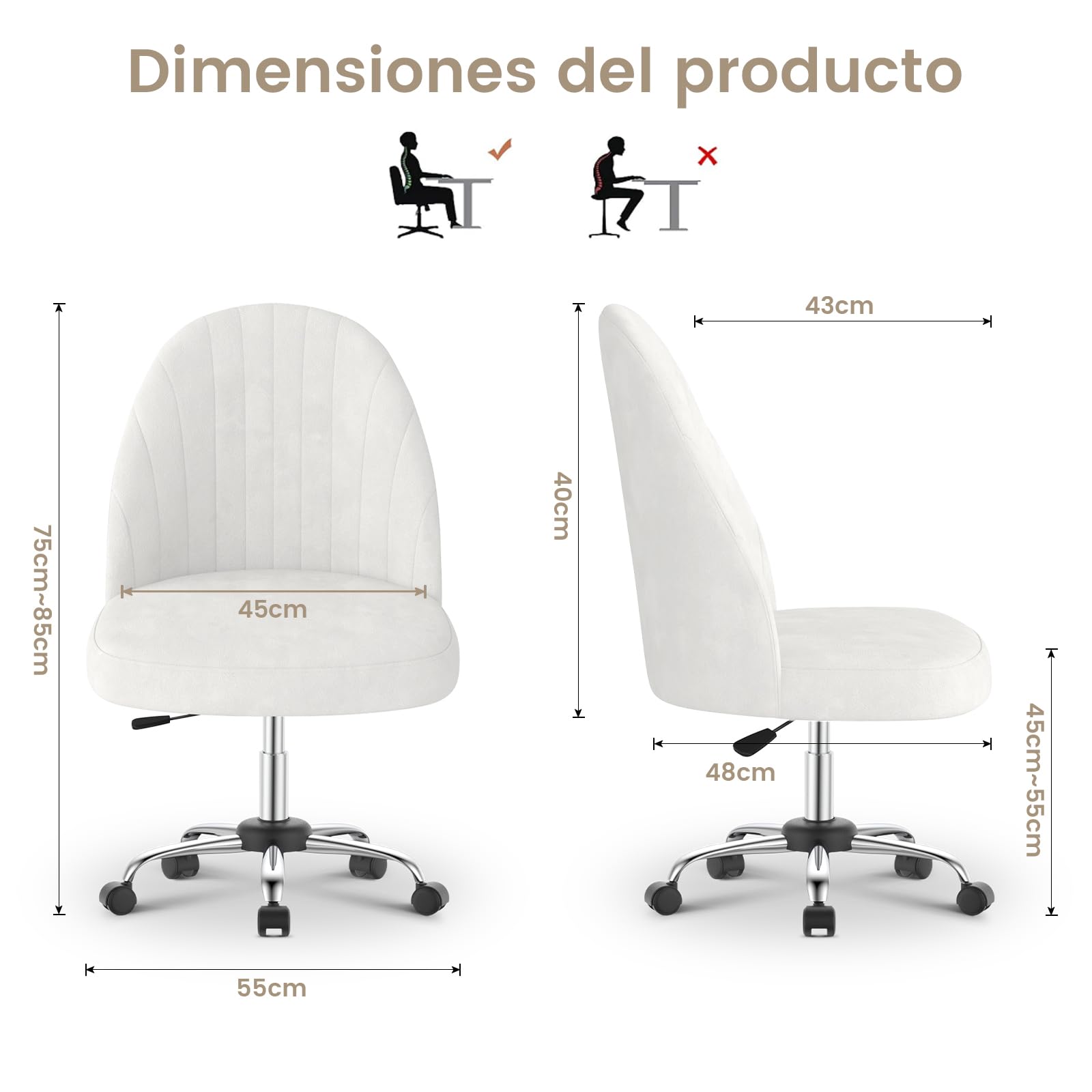 naspaluro Silla De Oficina En Casa, Silla De Escritorio, Silla Tocador Regulable En Altura, Resistente Terciopelo Transpirable, para Estudio, Dormitorio, Estudio (Beige, Small)