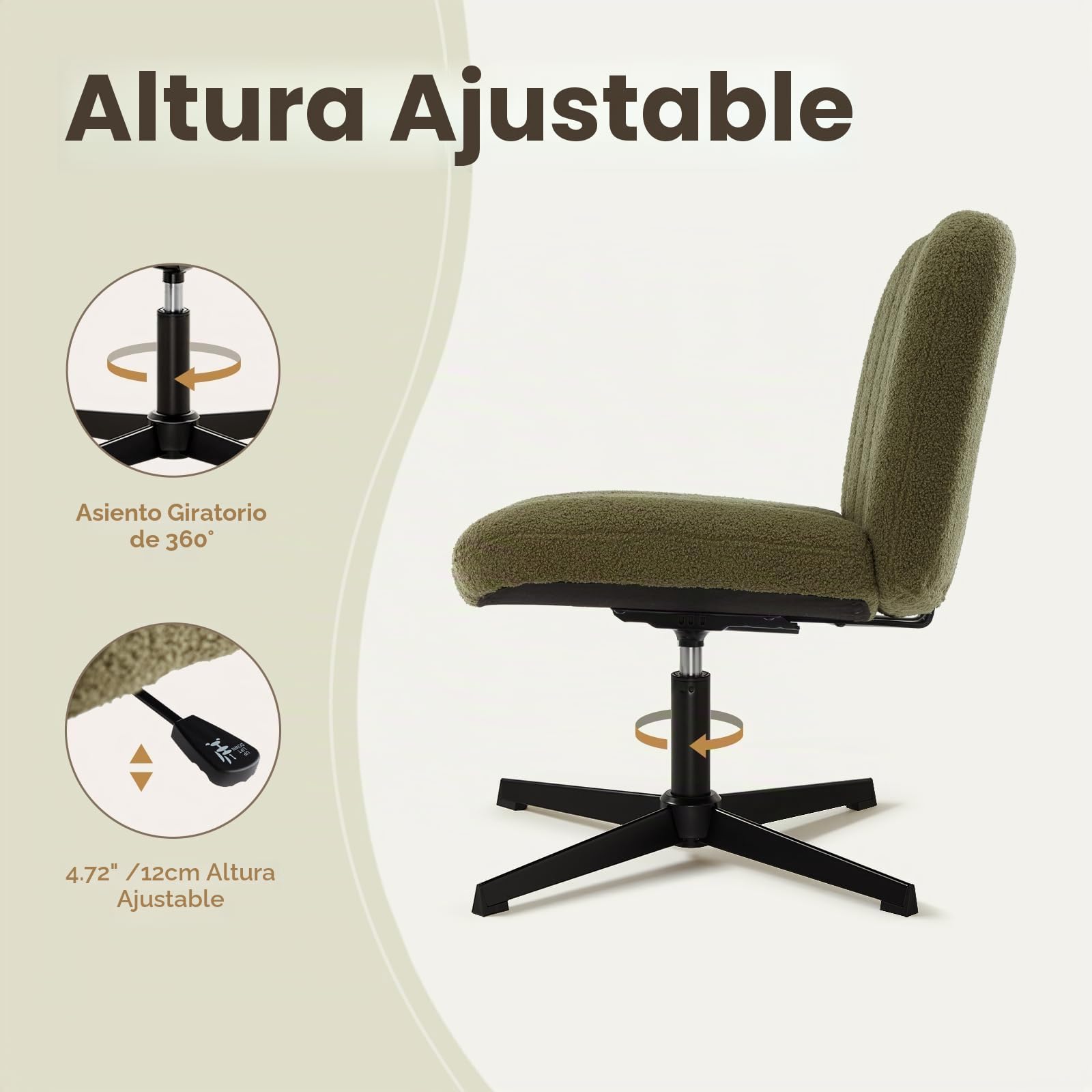 IWMH Silla de oficina sin reposabrazos, silla giratoria de altura ajustable, sin ruedas, silla de escritorio con acolchado de tela, silla acolchada con respaldo medio para casa, oficina, dormitorio