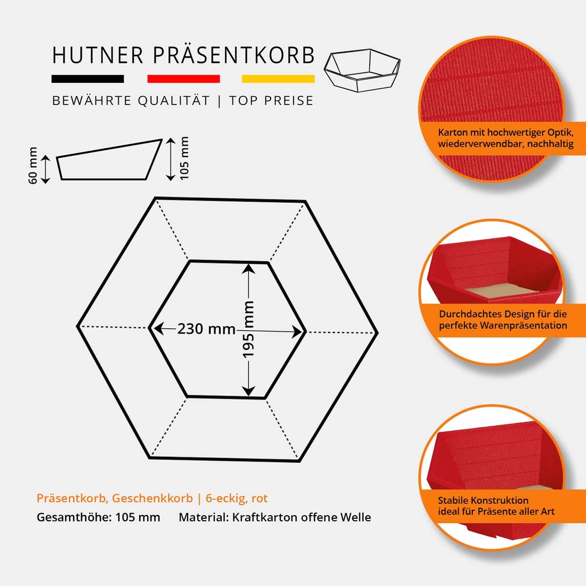 Präsentkorb Geschenkkorb 195x230 leer 6-Eck, offene Welle, rot, Geschenkverpackung im Set: 25 Stück