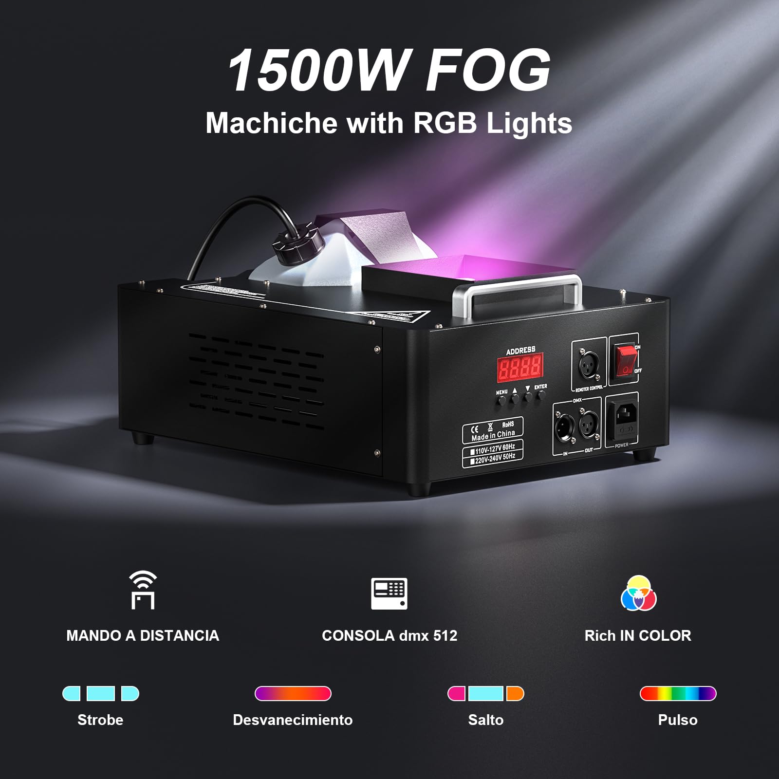 Máquina de Humo 1500W con 24 LED luces RGB Efectos Máquina de Niebla con remotos Inalámbrico Fog Machine Portátil para Fiesta Navidad Escenario Discoteca DJ Boda Halloween