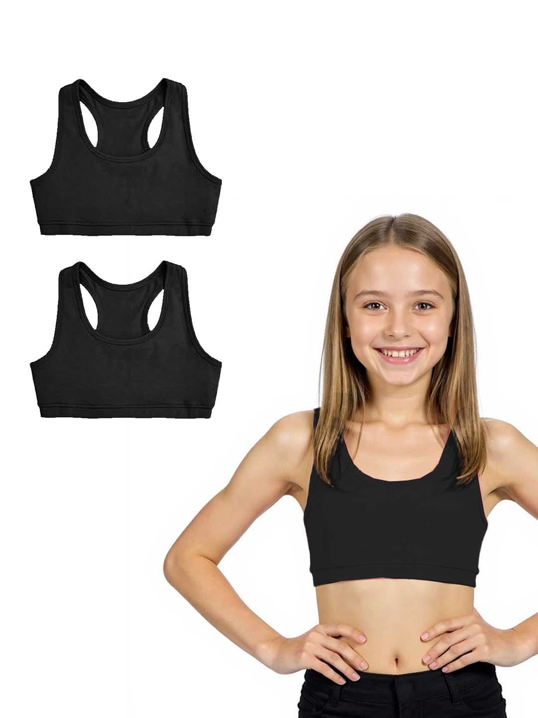 A.T.U.N. (ALL THINGS UBER NICE) Reggiseno sportivo in cotone per ragazze e adolescenti (confezione da 2) | Maglietta non imbottita per principianti | Comodo reggiseno per allenamento, yoga e