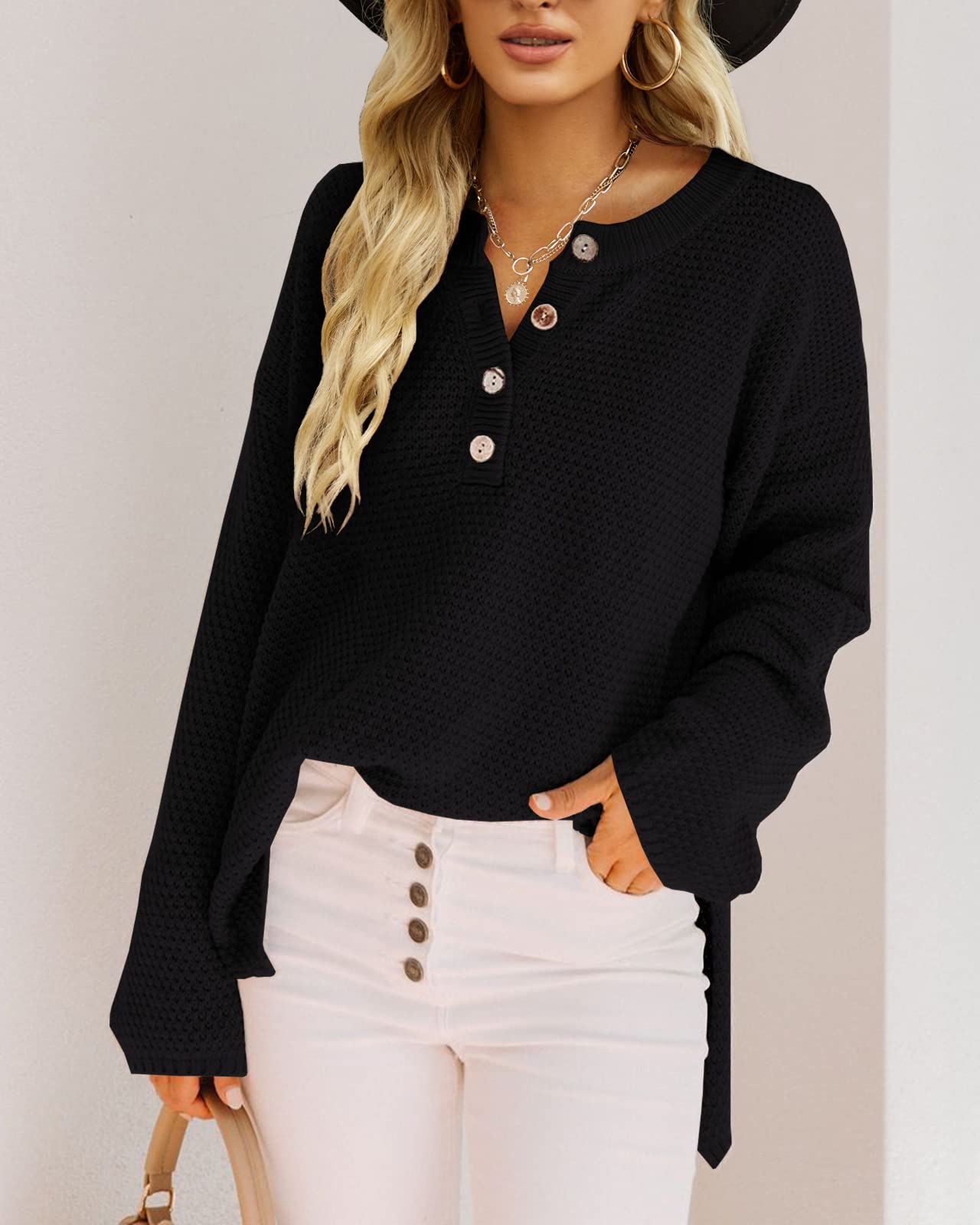 Saodimallsu Women's Oversized Sweaters Batwing Long Sleeve Loose V Neck Button Henley Tops Pullover Knit Jumper