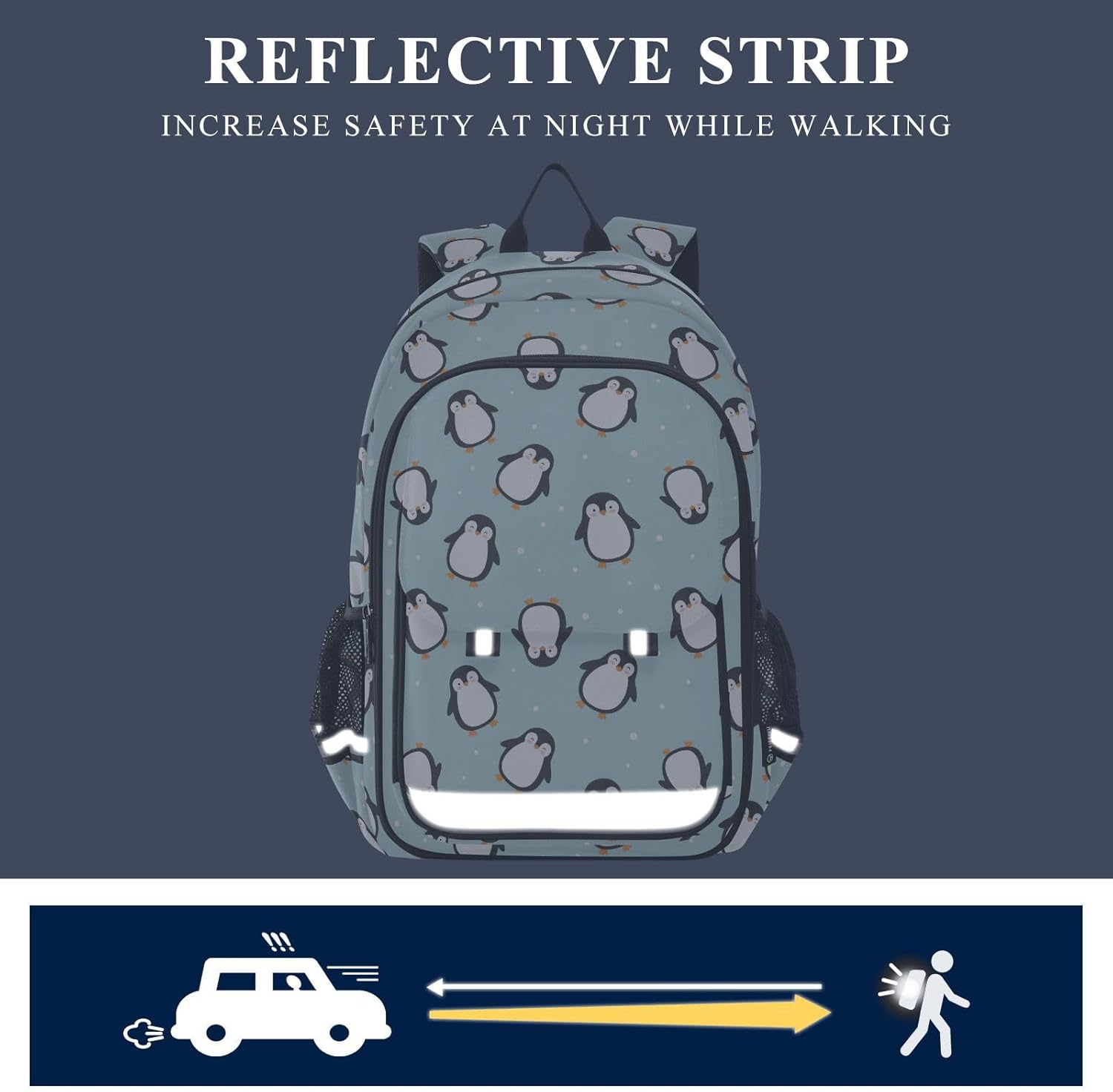 Multi-Compartment Student Shoulder Bag Backpack Penguin Cute School Bags for Boys Girls with Reflective Stripes Large Capacity Printing Backpack