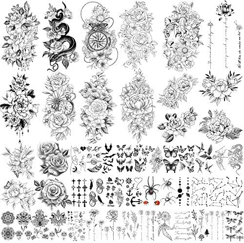 Yazhiji 49 sheets large sexy flowers collection waterproof temporary tattoos lasting fake tattoos for women and girls.