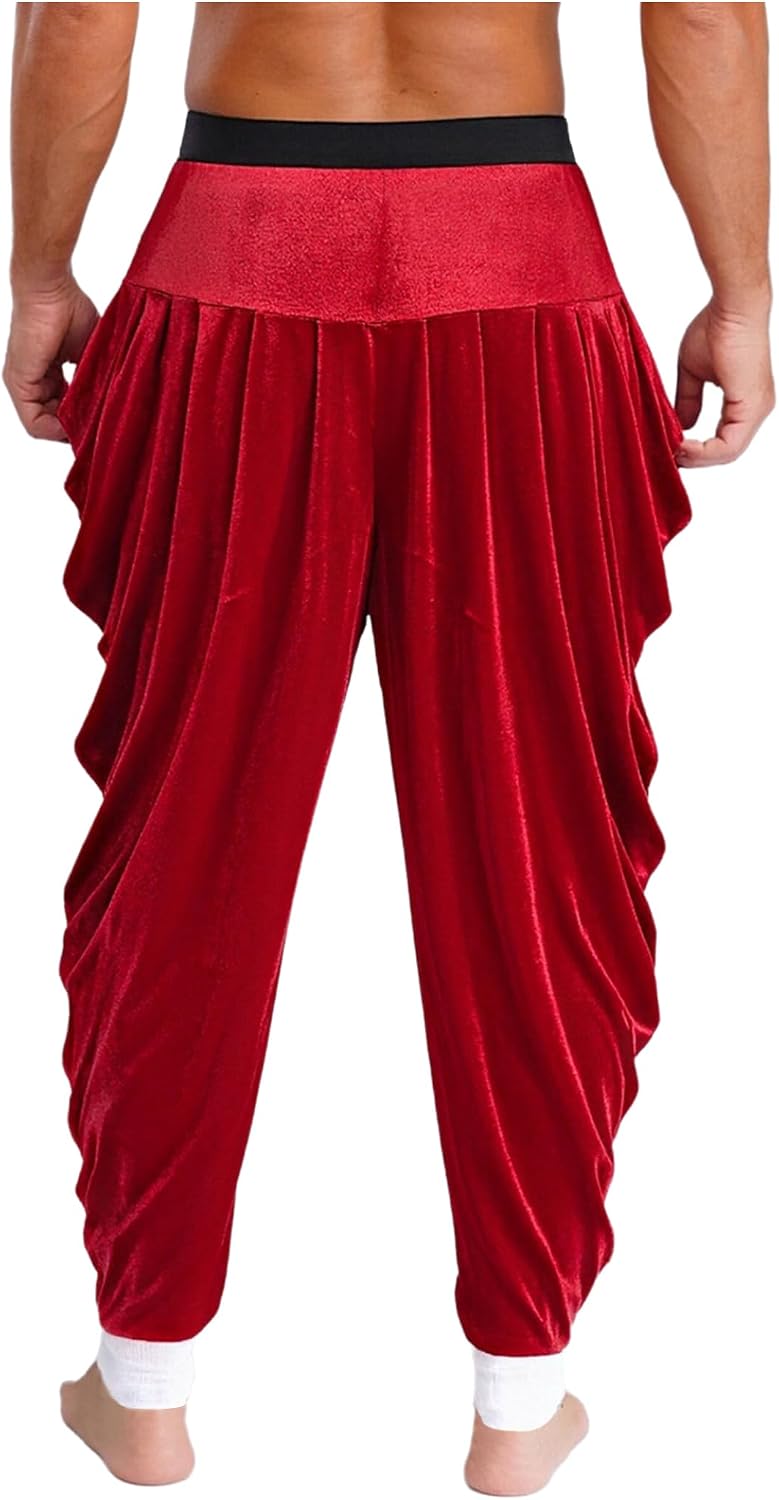 Yhong Men Christmas Party Costume Velvet Dhoti Trousers Elastic Waist Baggy Pants Santa Claus Trousers