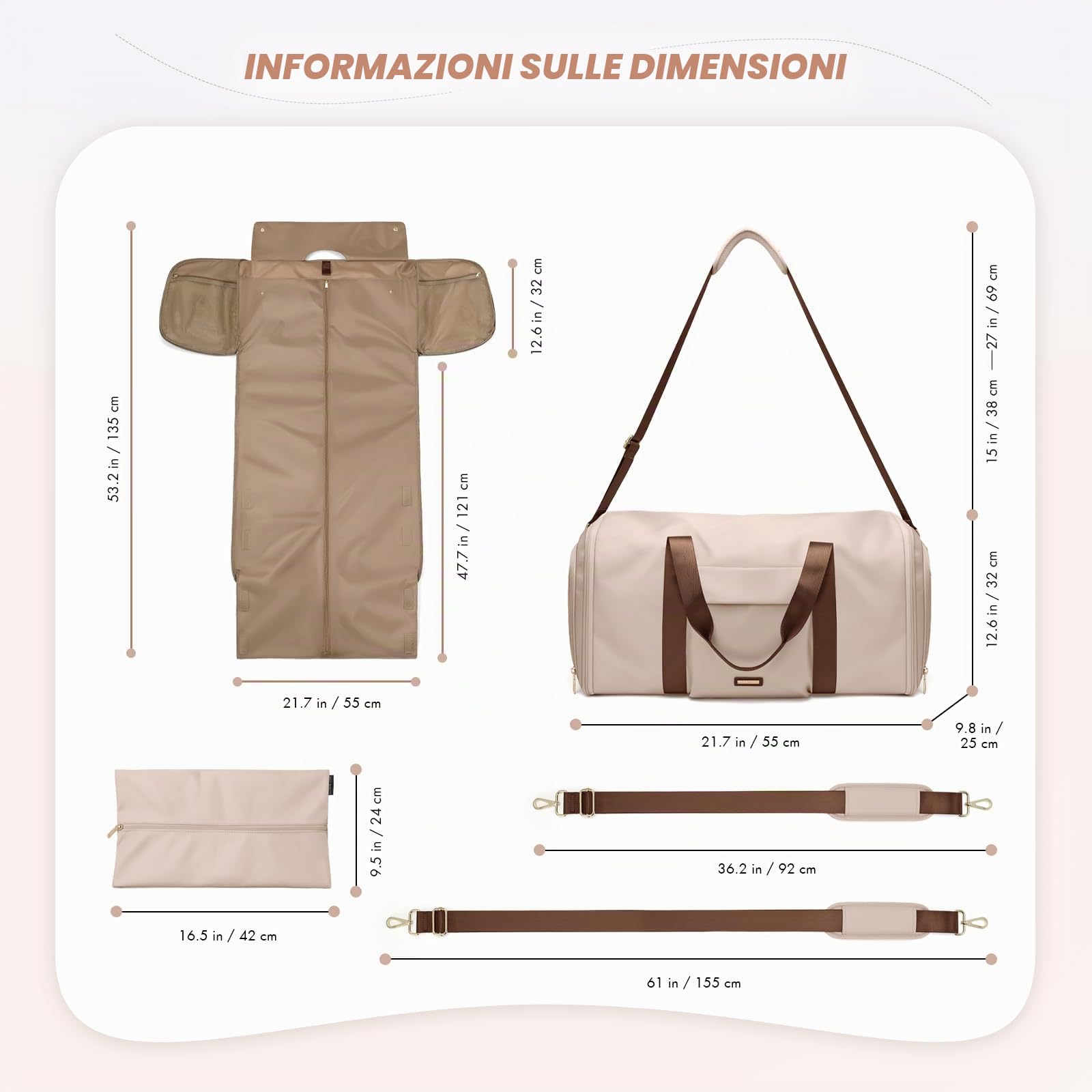 Borsone da Viaggio Donna Convertibile 2 in 1 Borsone Palestra Borsa Sportiva con Scomparto Scarpe, Grande Capacità Borsa da Appendere Gym Bag, 48L, Albicocca