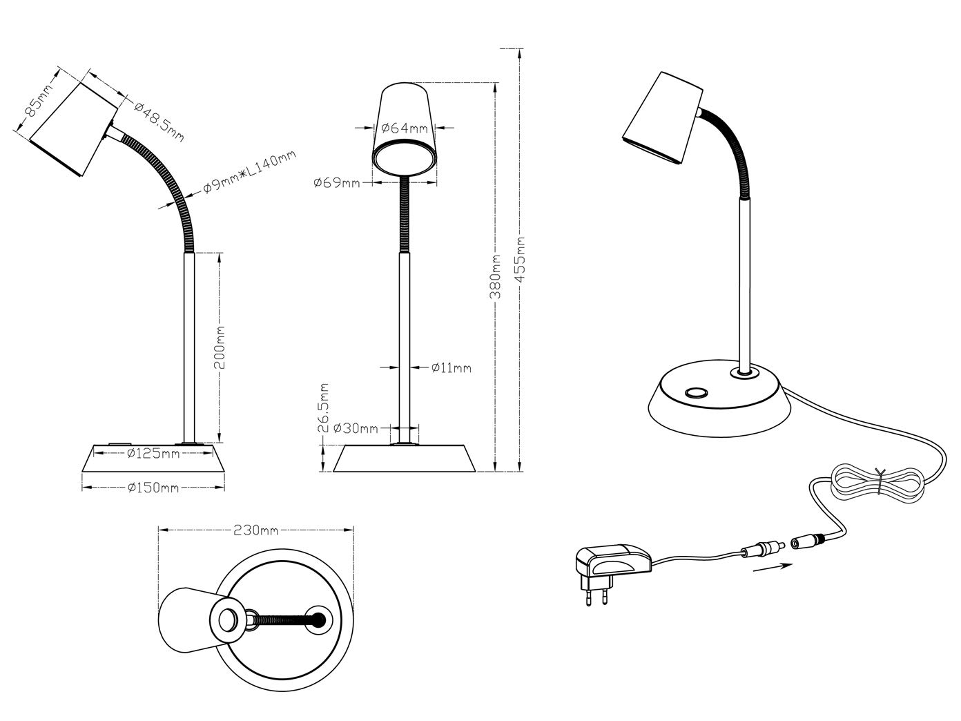 2er SET dimmbare Schreibtischleuchten mit Flexarm, Metall Silber Höhe 38cm