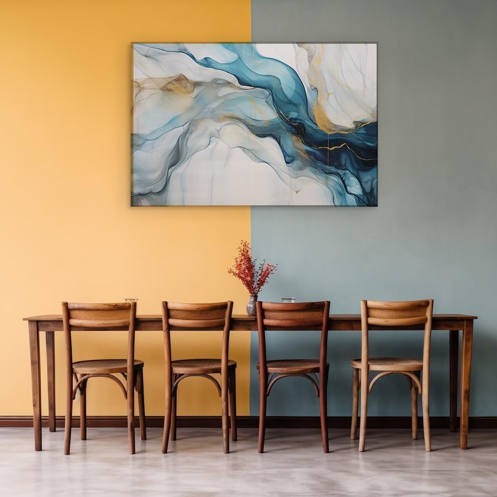 Canvas for Living Room. A Tapestry of Flowing Hues: When Blue, White, and Gold Weave Elegance into Art, 27 x 18 inch Canvas Wall Art - Ready to Hang