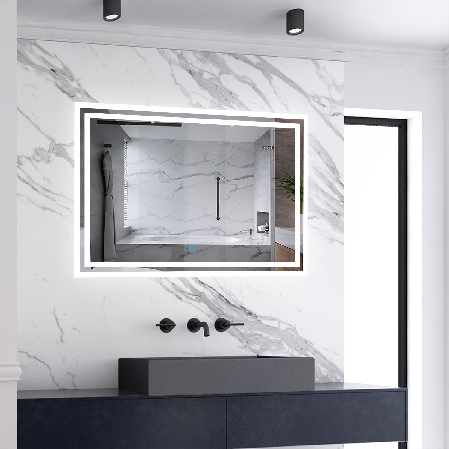 Skybathroom - Espejo de baño iluminado LED de 80 x 60 cm, 3 luces LED, colores de luz regulables y brillo, antivaho, montado en la pared