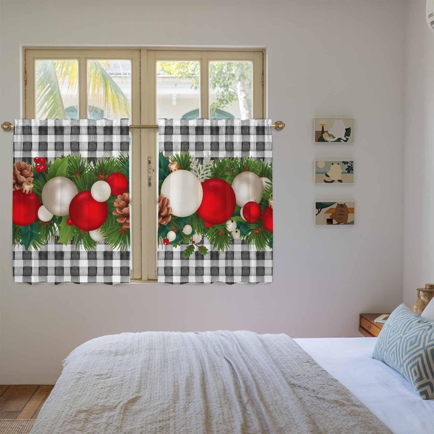 Christmas Kitchen Curtains, Red White Ball Pine Cones Needles Grey Plaid Light Filtering Window Curtain Panels, 2Pcs Rod Pocket Window Treatments Set for Cabin Bathroom Bedroom 52x45 Inches